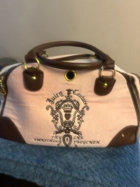 Juicy Couture Pink Velour Tote with Brown Trim and Gold Hardware